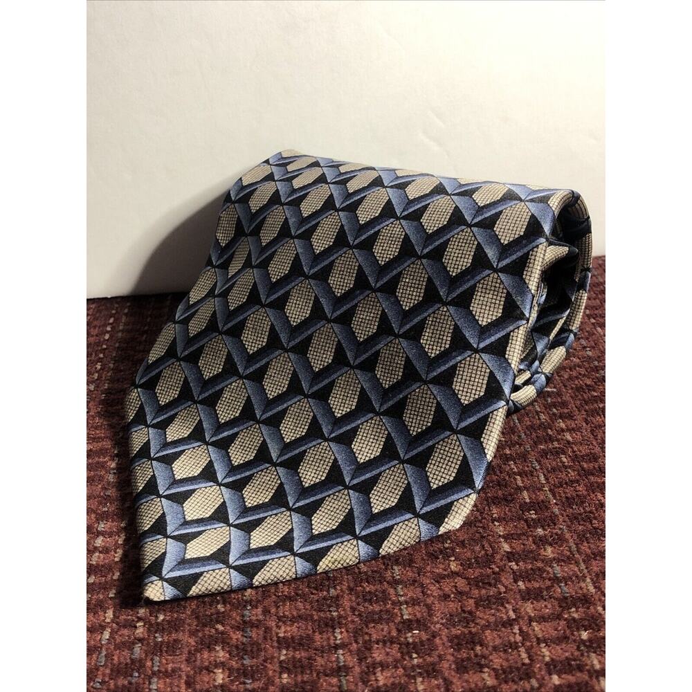 MONDO SETA Italy 100% Silk Geometric Tie Vintage Blue And Gray 60” Made In USA